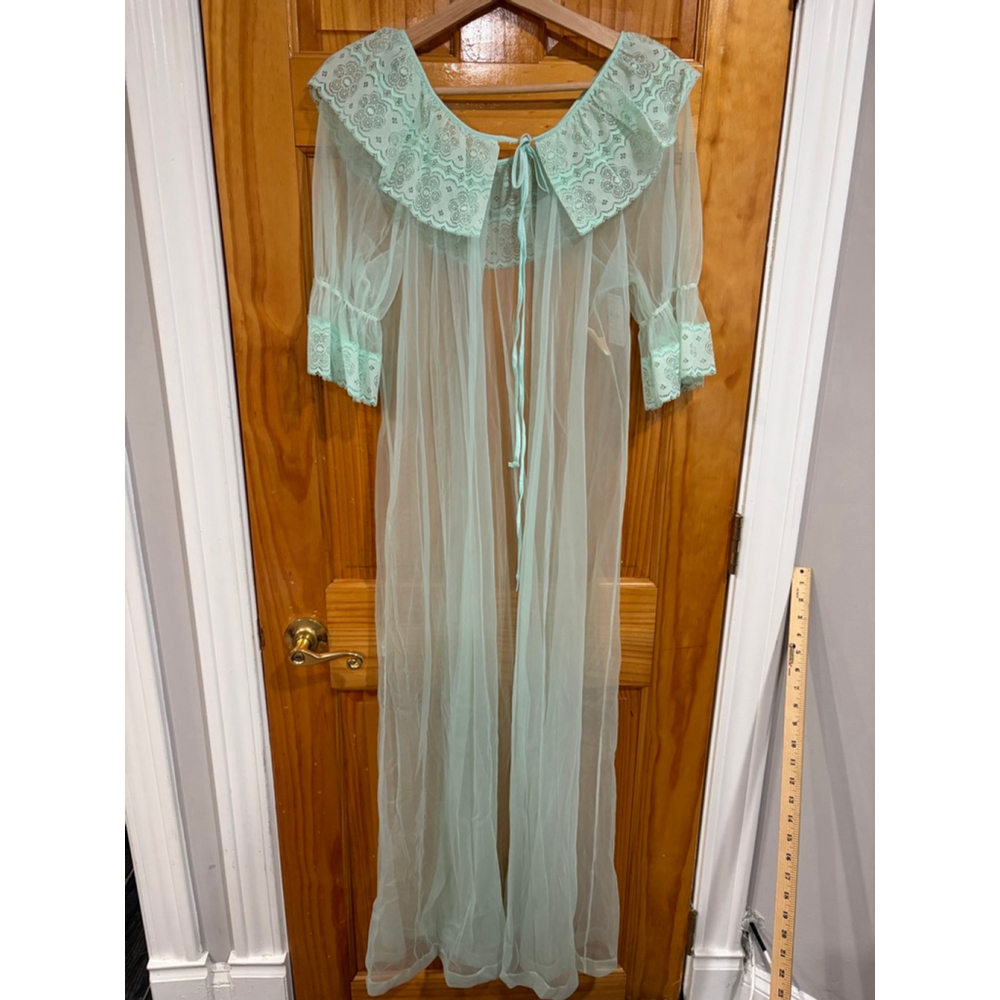 Vintage Sears Mint Green Sheer Lace Peignoir Nightgown Set 60s 70s SM